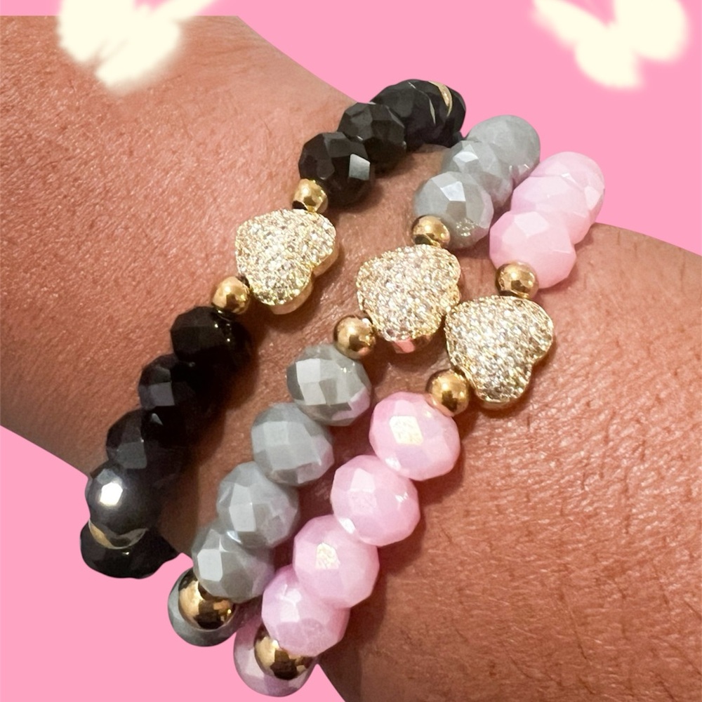 Handmade Pink Crystal Glass CZ Heart Charm Beaded Bracelet